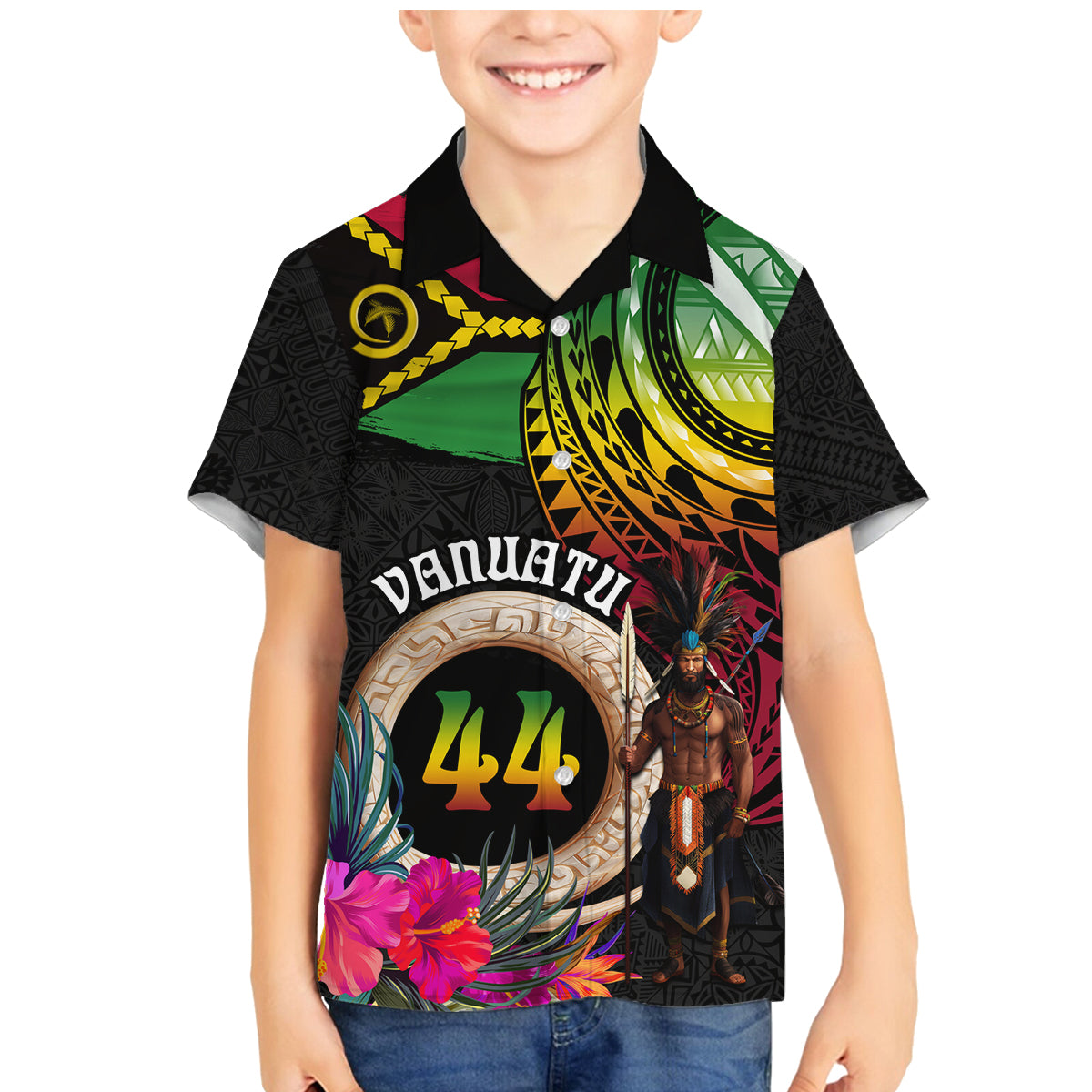 Personalised Vanuatu 44th Anniversary Family Matching Mermaid Dress and Hawaiian Shirt Boars Tusk and Melanesian Warrior Indipendens Dei