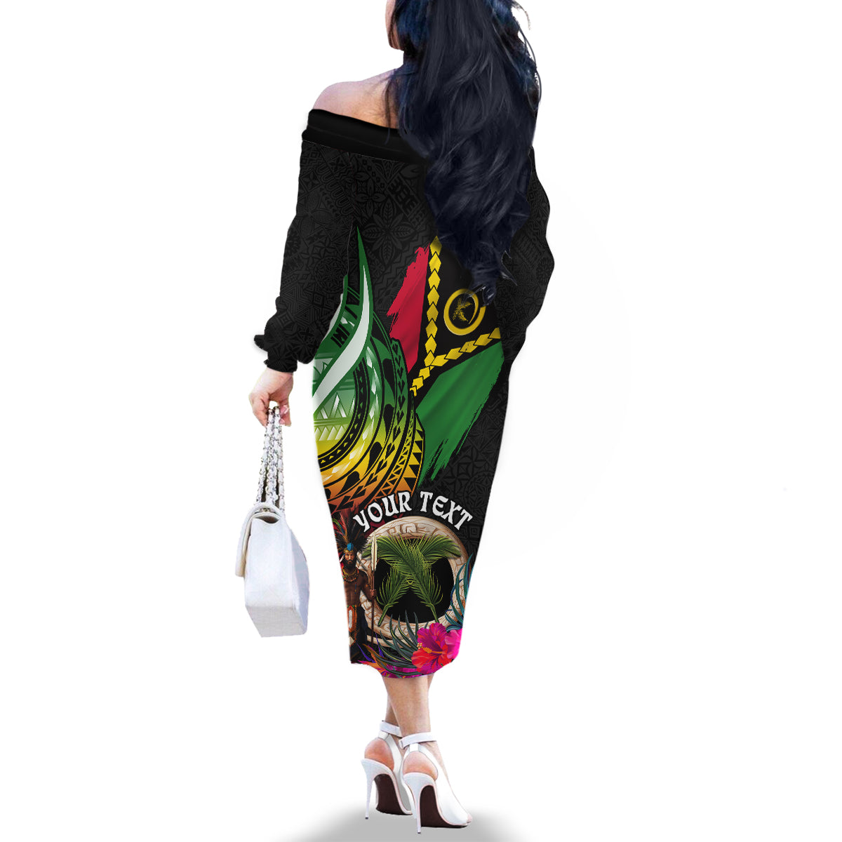 Personalised Vanuatu 44th Anniversary Family Matching Off The Shoulder Long Sleeve Dress and Hawaiian Shirt Boars Tusk and Melanesian Warrior Indipendens Dei