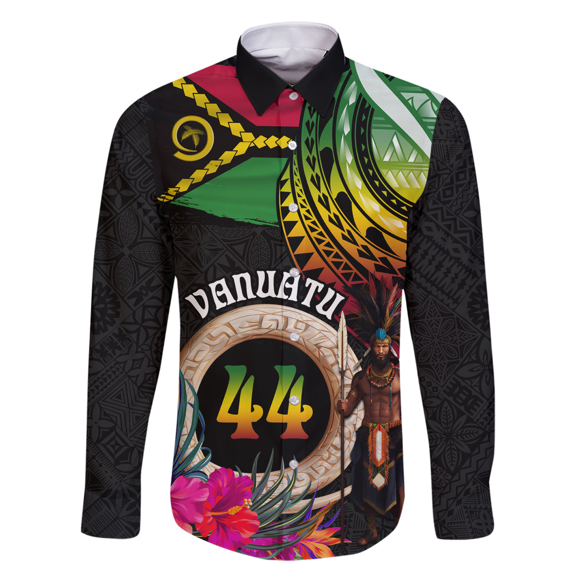 Personalised Vanuatu 44th Anniversary Family Matching Short Sleeve Bodycon Dress and Hawaiian Shirt Boars Tusk and Melanesian Warrior Indipendens Dei