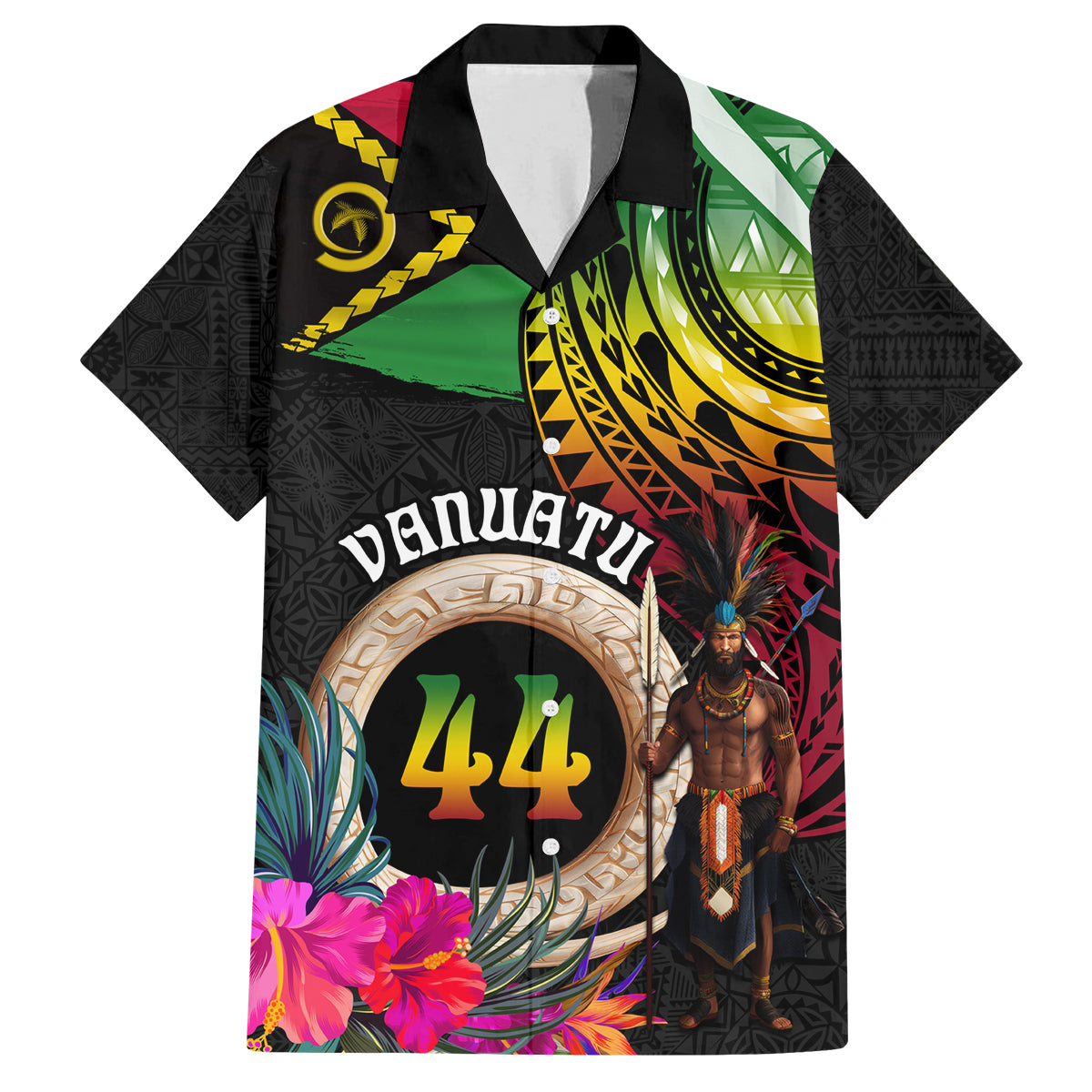 Personalised Vanuatu 44th Anniversary Family Matching Tank Maxi Dress and Hawaiian Shirt Boars Tusk and Melanesian Warrior Indipendens Dei