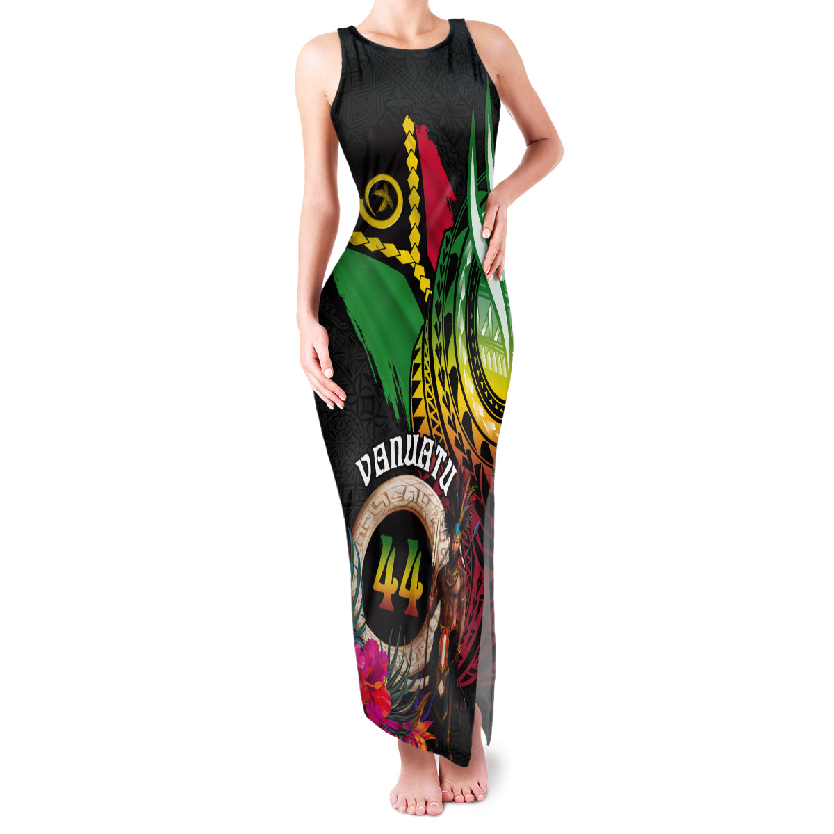 Personalised Vanuatu 44th Anniversary Family Matching Tank Maxi Dress and Hawaiian Shirt Boars Tusk and Melanesian Warrior Indipendens Dei