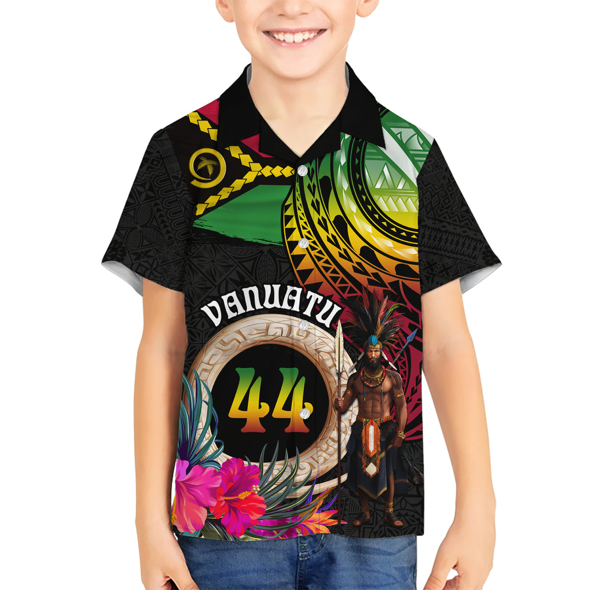 Personalised Vanuatu 44th Anniversary Kid Hawaiian Shirt Boars Tusk and Melanesian Warrior Indipendens Dei LT03 Kid Black - Polynesian Pride