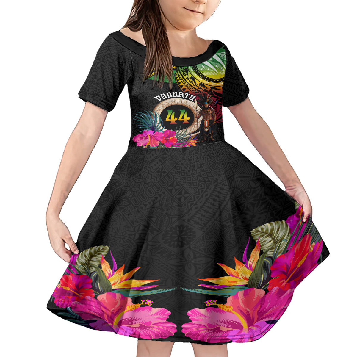 Personalised Vanuatu 44th Anniversary Kid Short Sleeve Dress Boars Tusk and Melanesian Warrior Indipendens Dei