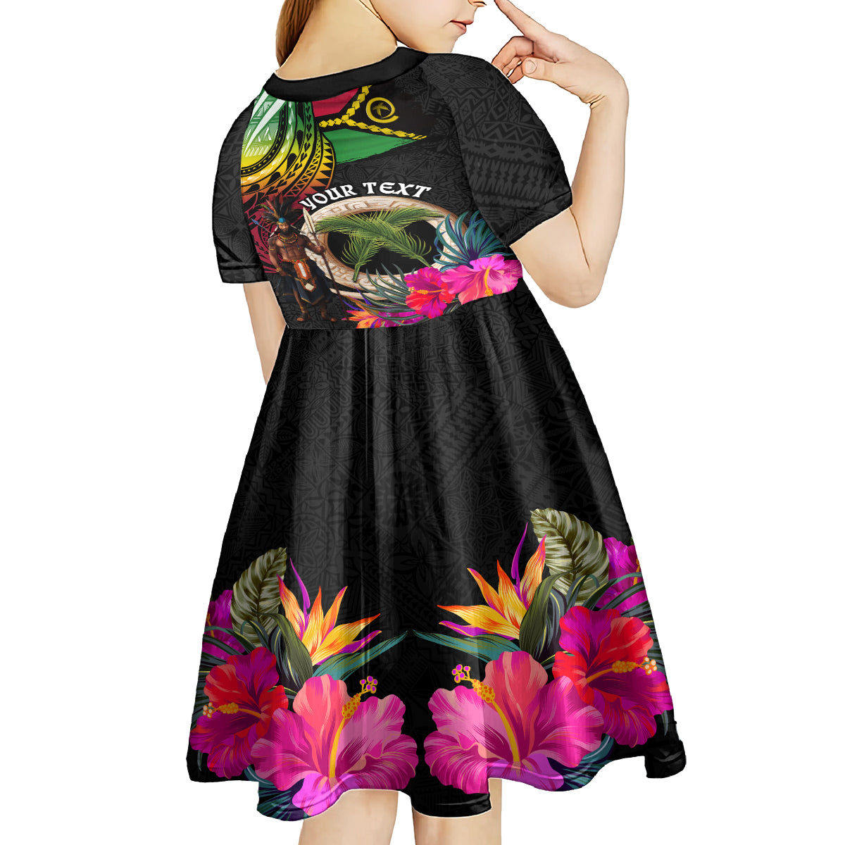 Personalised Vanuatu 44th Anniversary Kid Short Sleeve Dress Boars Tusk and Melanesian Warrior Indipendens Dei