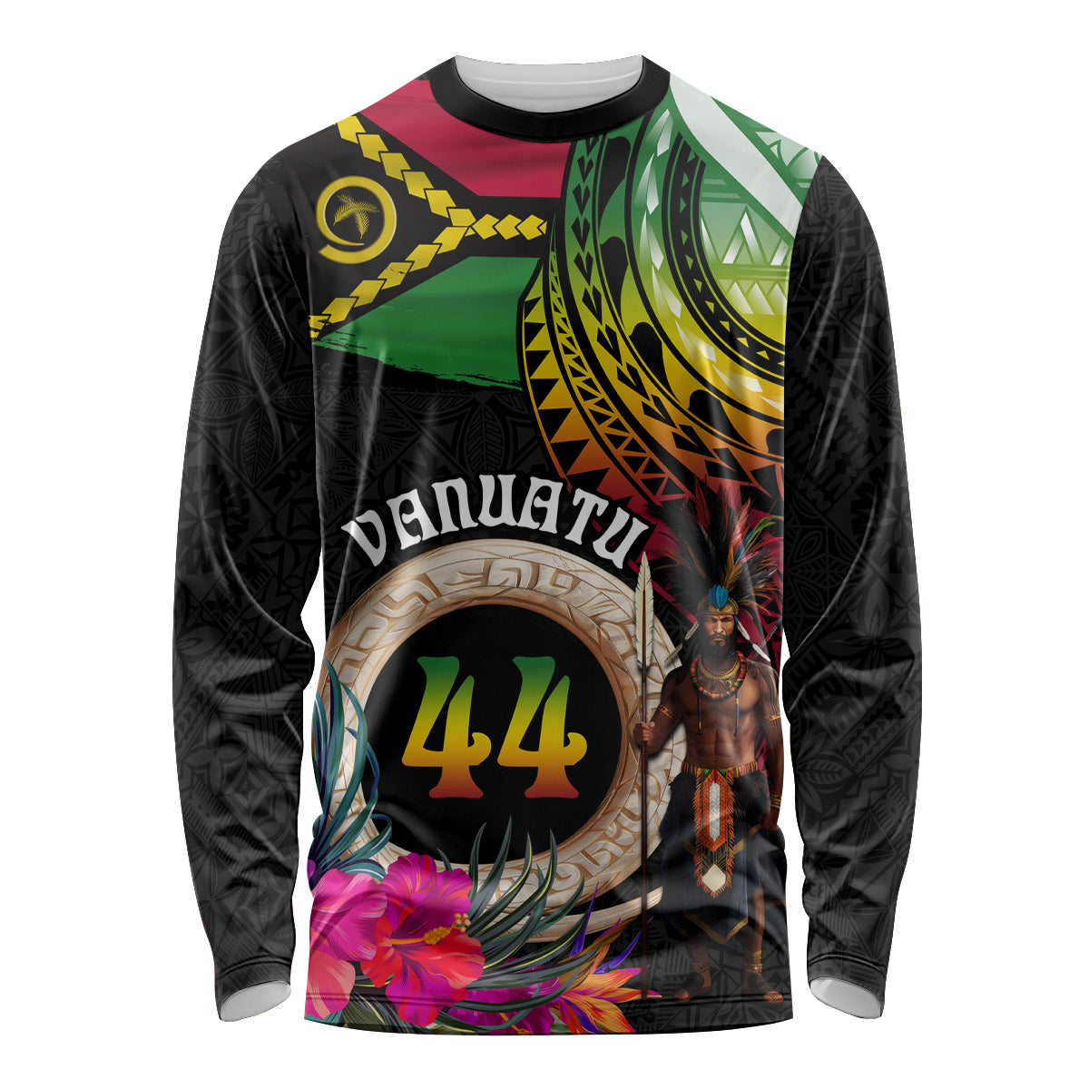 Personalised Vanuatu 44th Anniversary Long Sleeve Shirt Boars Tusk and Melanesian Warrior Indipendens Dei LT03 Unisex Black - Polynesian Pride