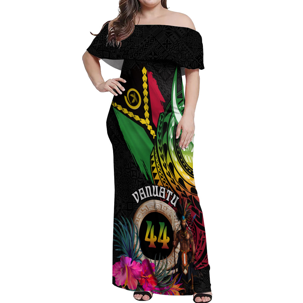 Personalised Vanuatu 44th Anniversary Off Shoulder Maxi Dress Boars Tusk and Melanesian Warrior Indipendens Dei LT03 Women Black - Polynesian Pride