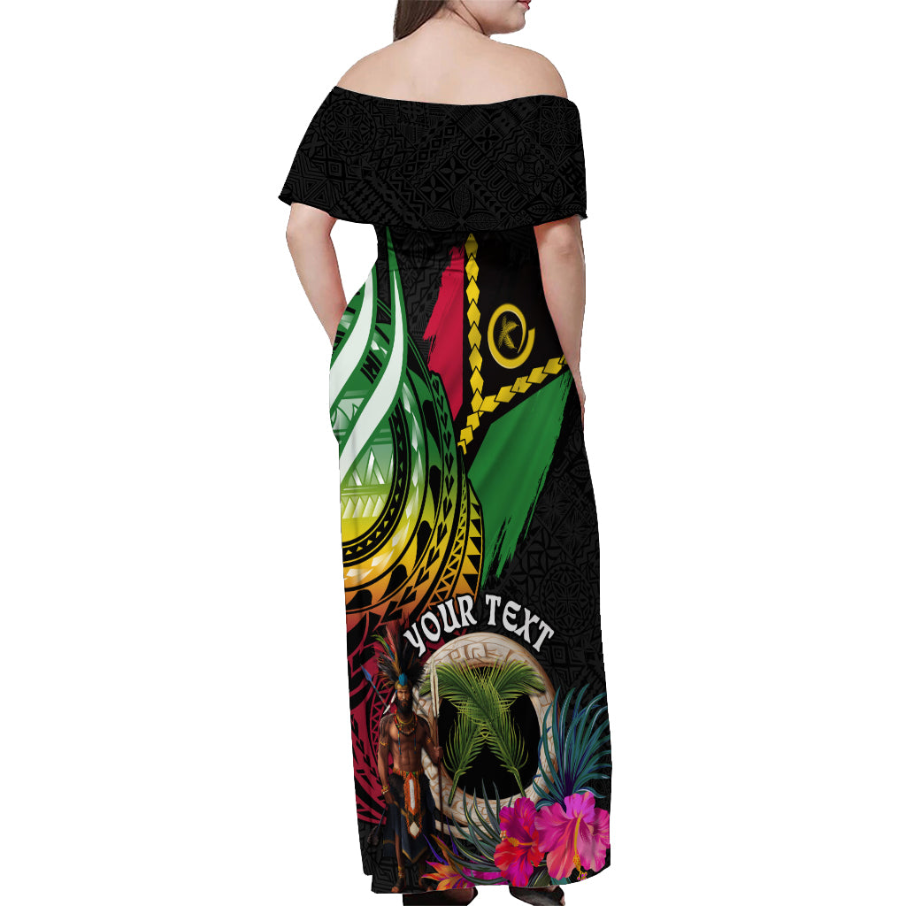 Personalised Vanuatu 44th Anniversary Off Shoulder Maxi Dress Boars Tusk and Melanesian Warrior Indipendens Dei LT03 - Polynesian Pride