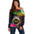 Personalised Vanuatu 44th Anniversary Off Shoulder Sweater Boars Tusk and Melanesian Warrior Indipendens Dei