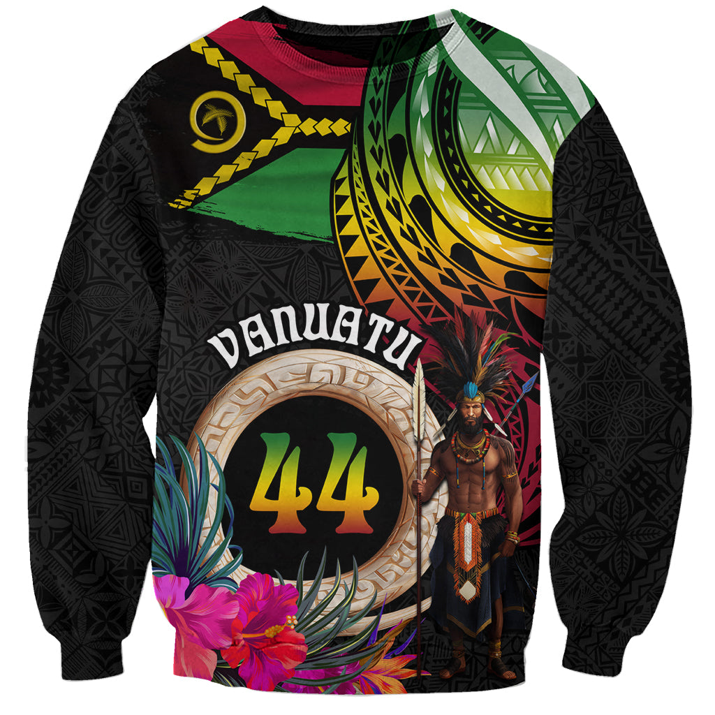 Personalised Vanuatu 44th Anniversary Sweatshirt Boars Tusk and Melanesian Warrior Indipendens Dei LT03 Unisex Black - Polynesian Pride