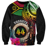 Personalised Vanuatu 44th Anniversary Sweatshirt Boars Tusk and Melanesian Warrior Indipendens Dei LT03 Unisex Black - Polynesian Pride
