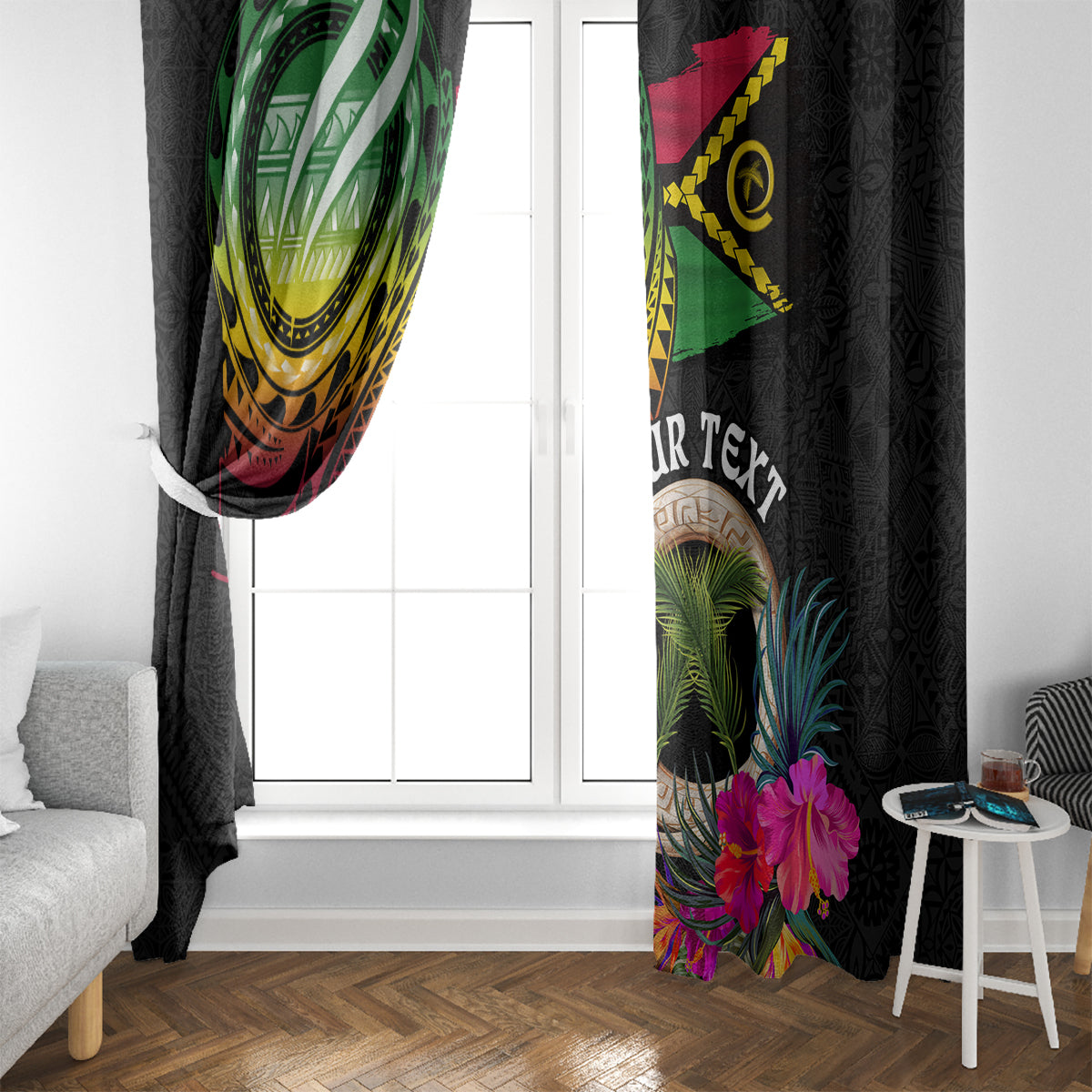 Personalised Vanuatu 44th Anniversary Window Curtain Boars Tusk and Melanesian Warrior Indipendens Dei