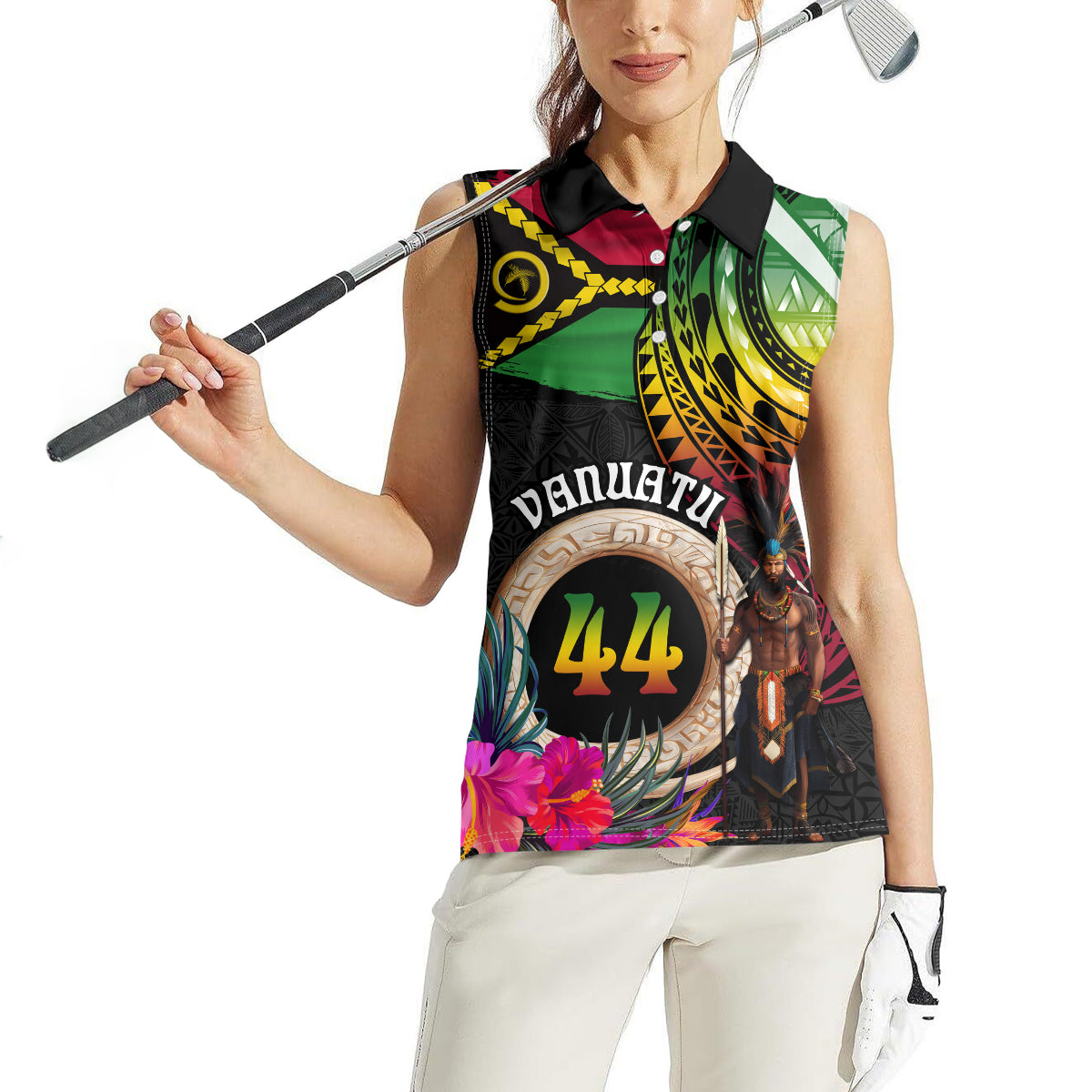 Personalised Vanuatu 44th Anniversary Women Sleeveless Polo Shirt Boars Tusk and Melanesian Warrior Indipendens Dei