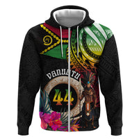 Personalised Vanuatu 44th Anniversary Zip Hoodie Boars Tusk and Melanesian Warrior Indipendens Dei