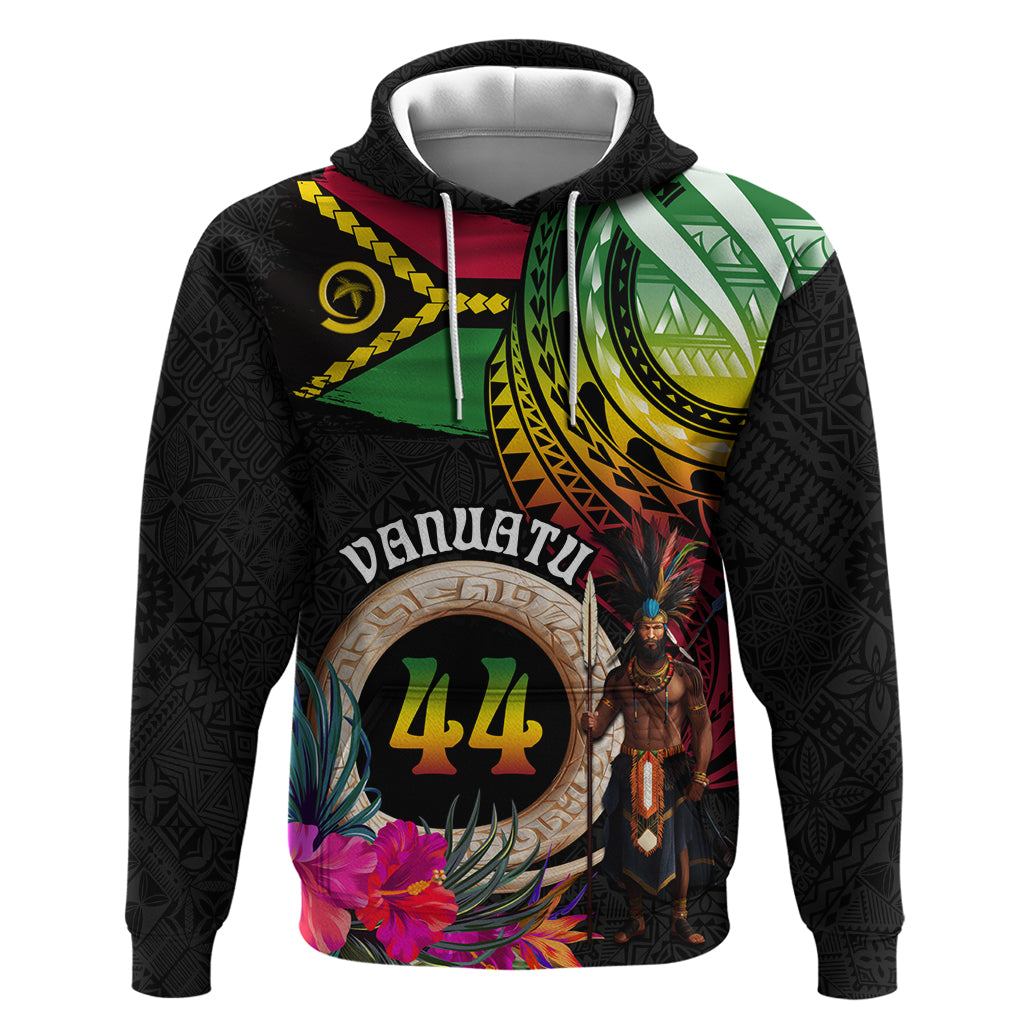 Personalised Vanuatu 44th Anniversary Zip Hoodie Boars Tusk and Melanesian Warrior Indipendens Dei