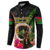 Vanuatu Independence Day Button Sweatshirt Boars Tusk and Melanesian Warrior Indipendens Dei