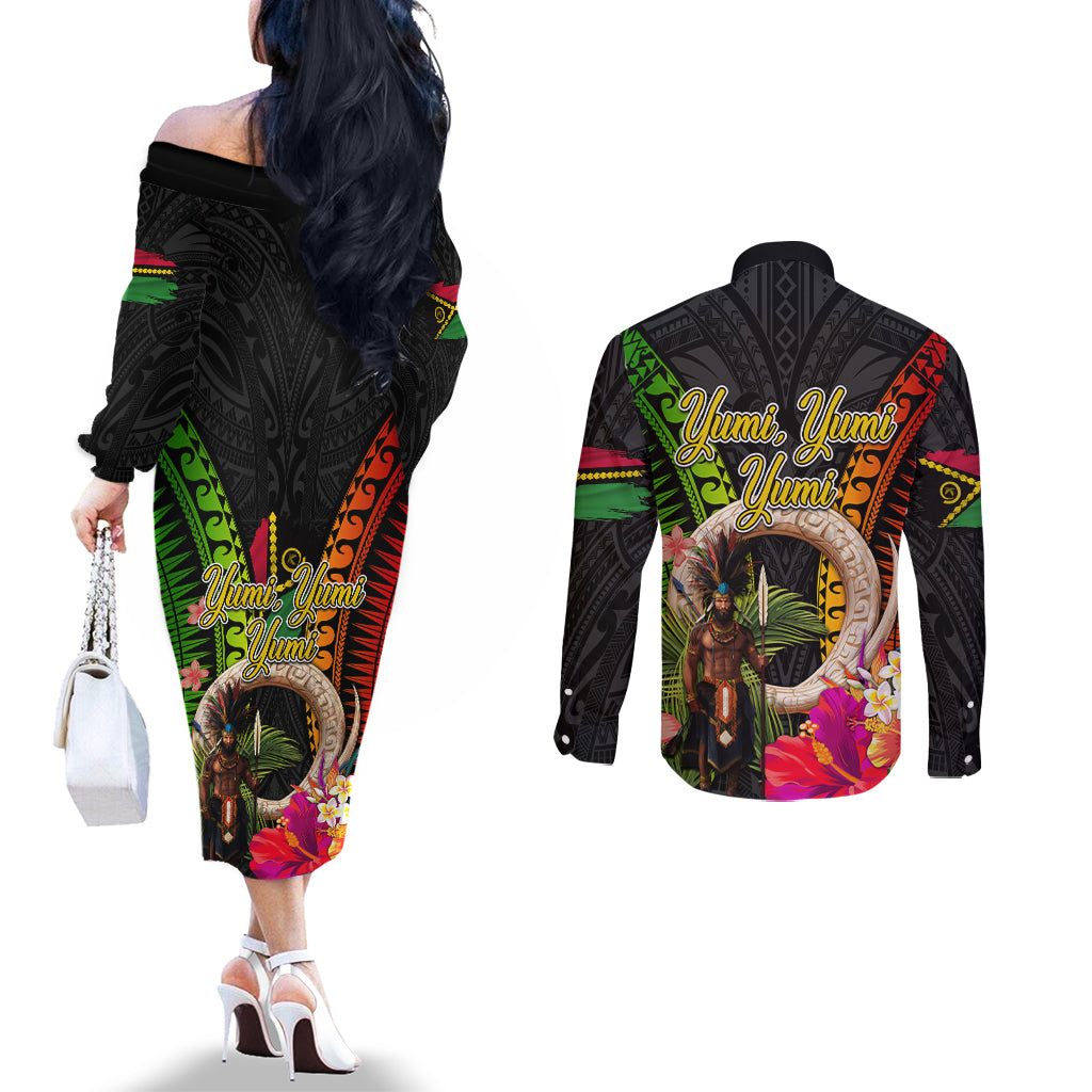 Vanuatu Independence Day Couples Matching Off The Shoulder Long Sleeve Dress and Long Sleeve Button Shirt Boars Tusk and Melanesian Warrior Indipendens Dei