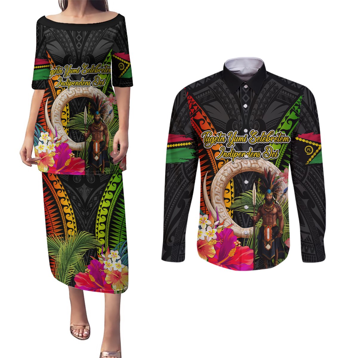 Vanuatu Independence Day Couples Matching Puletasi and Long Sleeve Button Shirt Boars Tusk and Melanesian Warrior Indipendens Dei