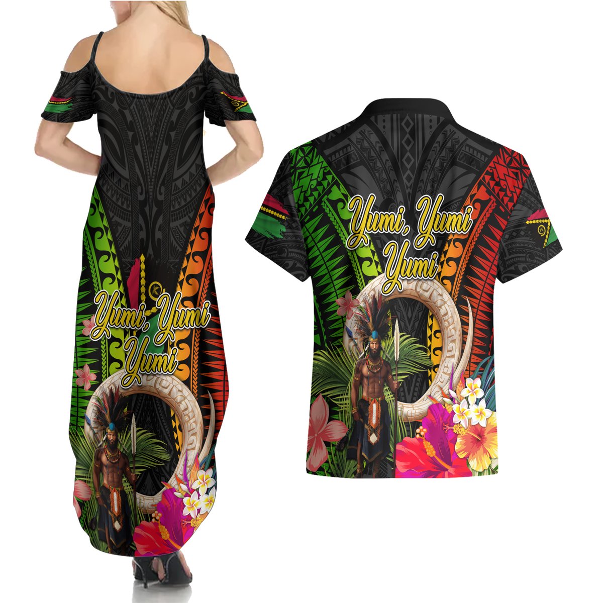 Vanuatu Independence Day Couples Matching Summer Maxi Dress and Hawaiian Shirt Boars Tusk and Melanesian Warrior Indipendens Dei