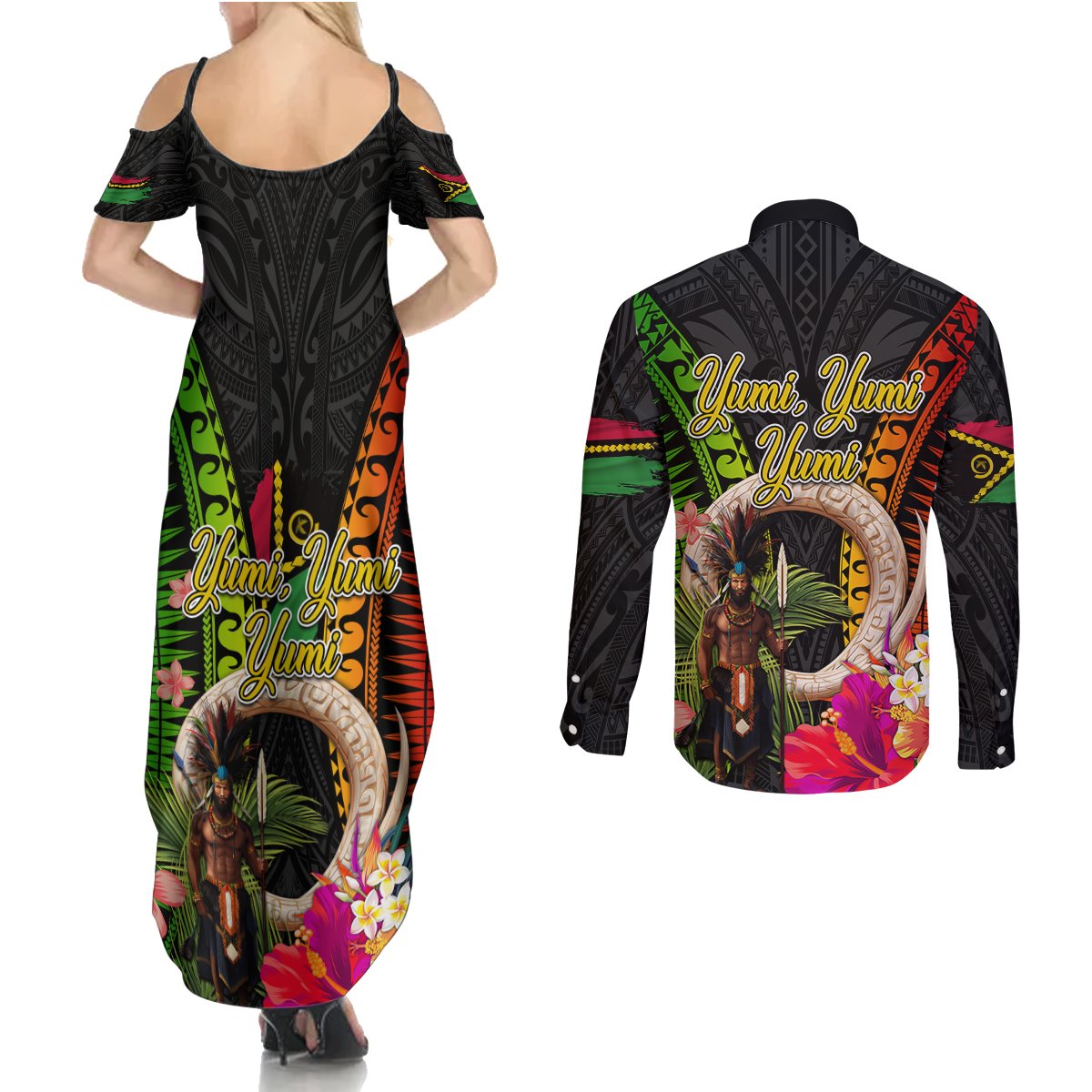 Vanuatu Independence Day Couples Matching Summer Maxi Dress and Long Sleeve Button Shirt Boars Tusk and Melanesian Warrior Indipendens Dei