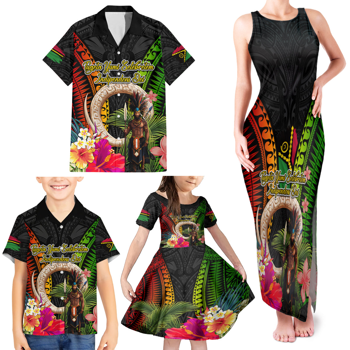 Vanuatu Independence Day Family Matching Tank Maxi Dress and Hawaiian Shirt Boars Tusk and Melanesian Warrior Indipendens Dei