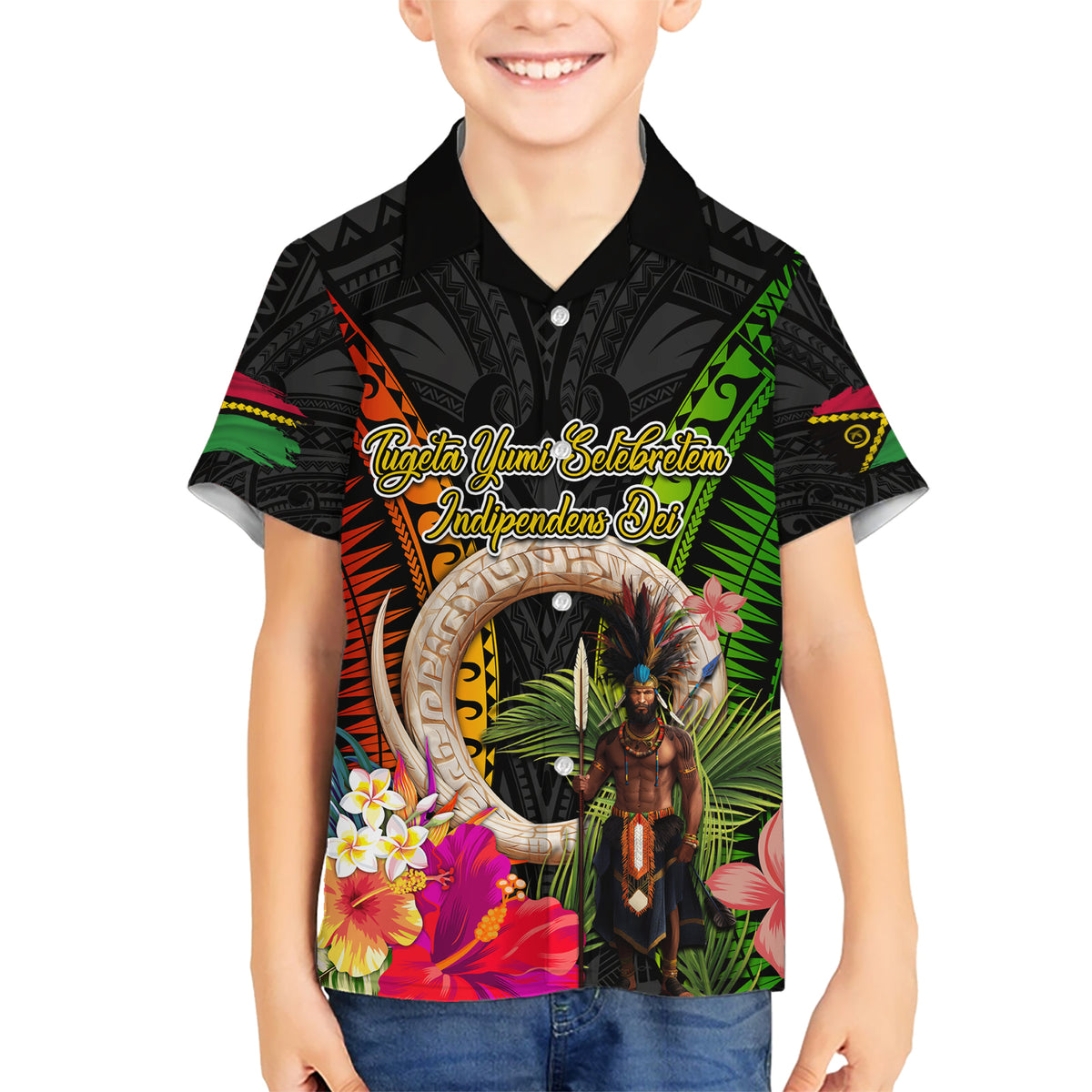 Vanuatu Independence Day Kid Hawaiian Shirt Boars Tusk and Melanesian Warrior Indipendens Dei LT03 Kid Black - Polynesian Pride