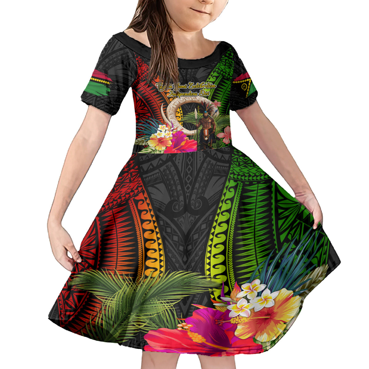 Vanuatu Independence Day Kid Short Sleeve Dress Boars Tusk and Melanesian Warrior Indipendens Dei