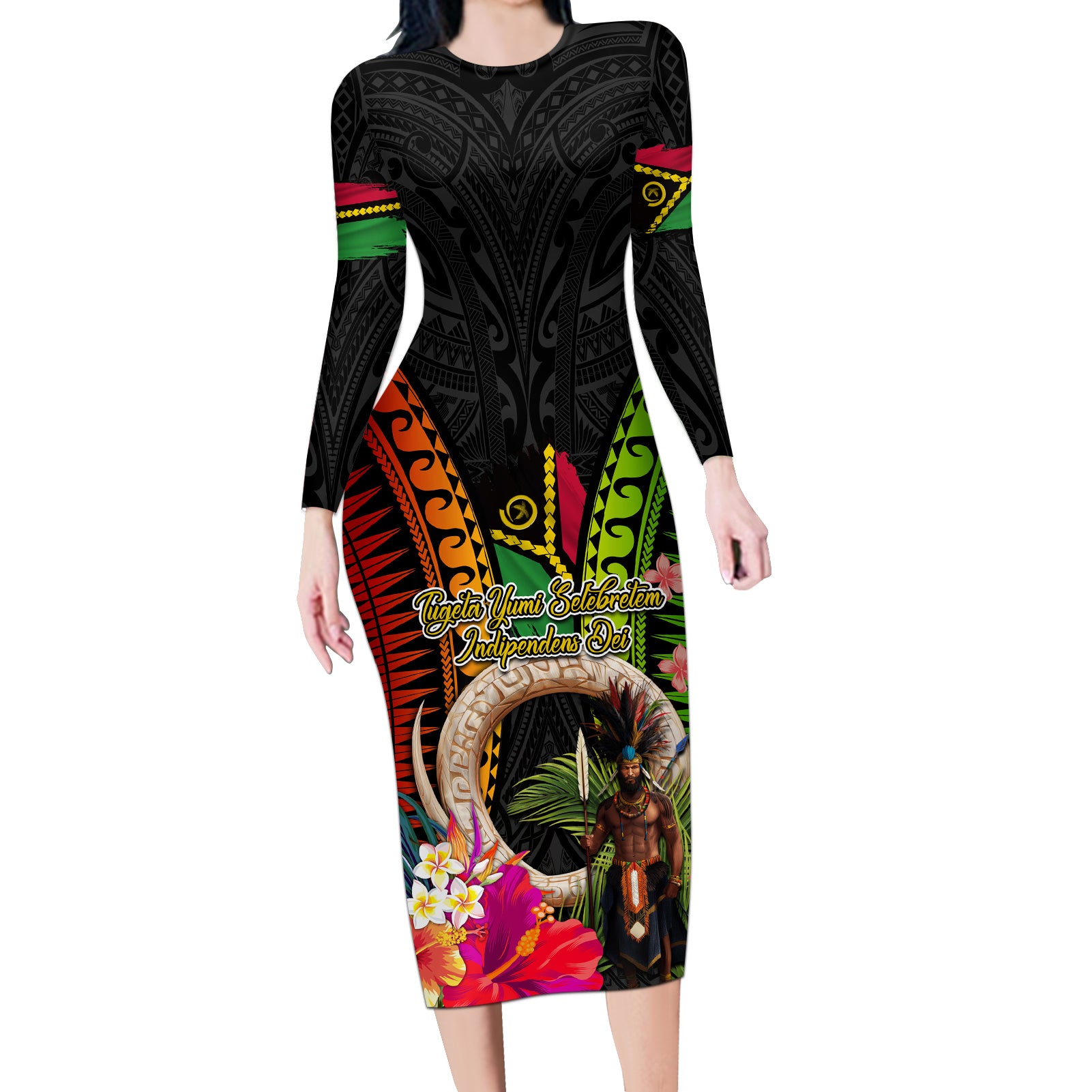 Vanuatu Independence Day Long Sleeve Bodycon Dress Boars Tusk and Melanesian Warrior Indipendens Dei