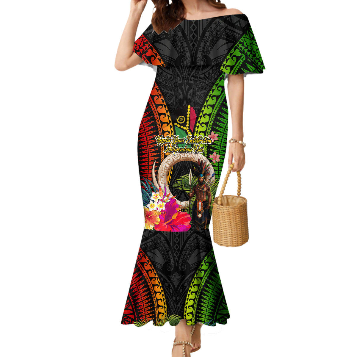 Vanuatu Independence Day Mermaid Dress Boars Tusk and Melanesian Warrior Indipendens Dei