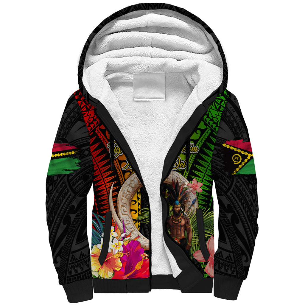 Vanuatu Independence Day Sherpa Hoodie Boars Tusk and Melanesian Warrior Indipendens Dei