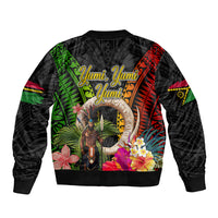 Vanuatu Independence Day Sleeve Zip Bomber Jacket Boars Tusk and Melanesian Warrior Indipendens Dei
