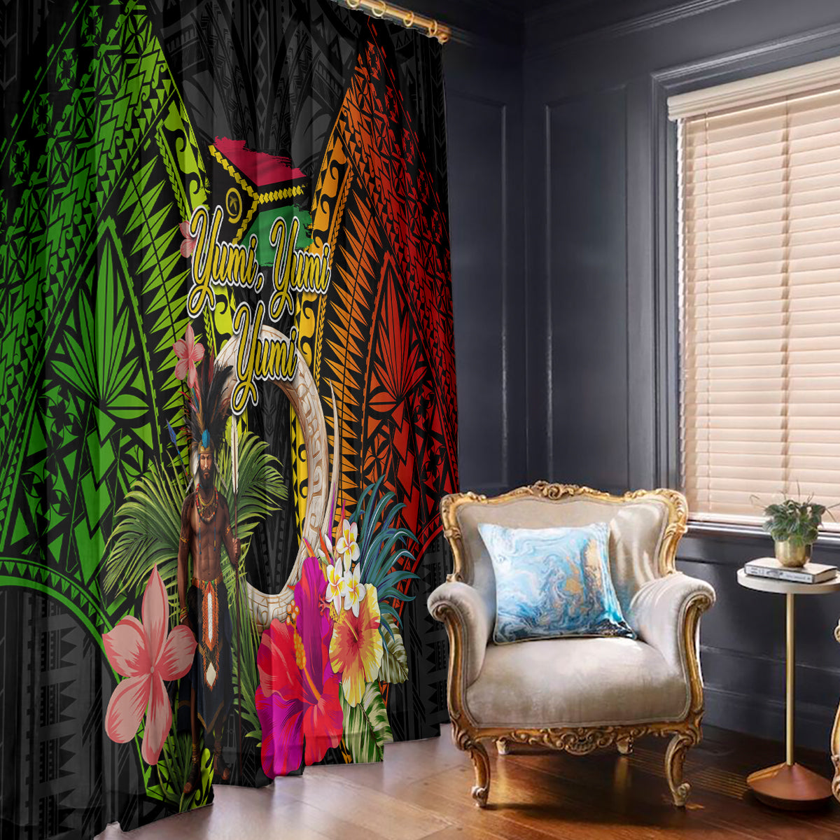 Vanuatu Independence Day Window Curtain Boars Tusk and Melanesian Warrior Indipendens Dei