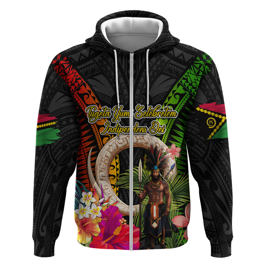 Vanuatu Independence Day Zip Hoodie Boars Tusk and Melanesian Warrior Indipendens Dei