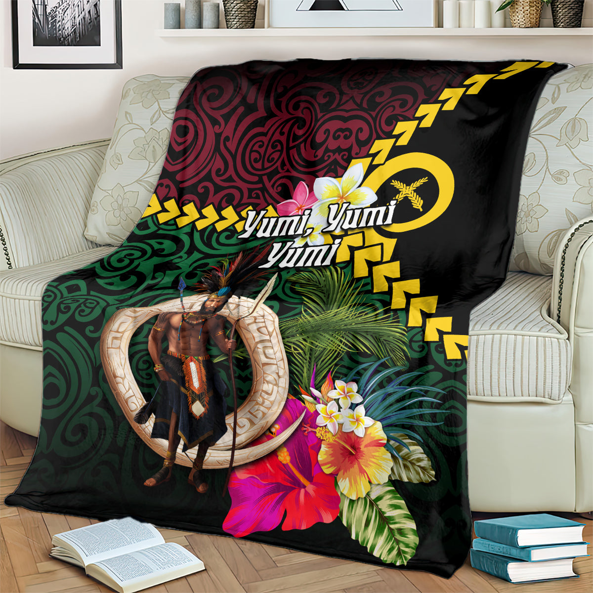 Vanuatu Indipendens Dei Blanket Boars Tusk and Melanesian Warrior Hibiscus