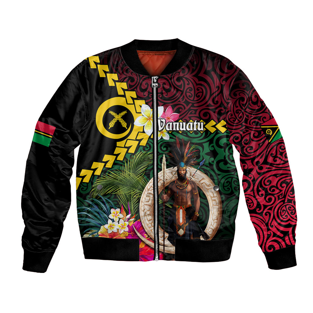 Vanuatu Indipendens Dei Bomber Jacket Boars Tusk and Melanesian Warrior Hibiscus