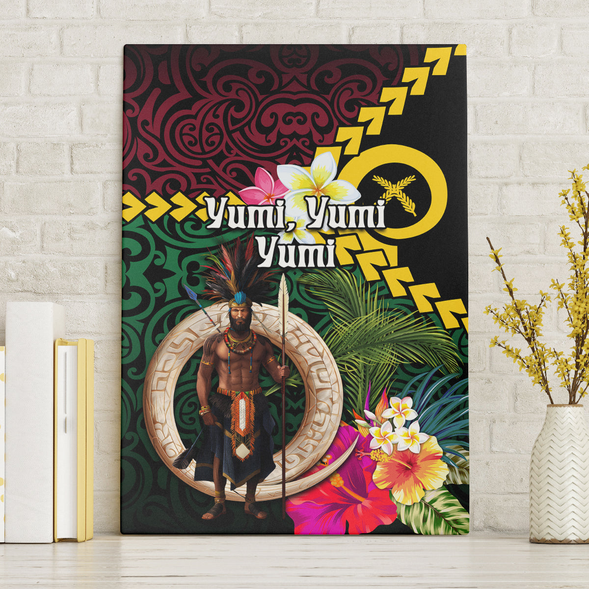 Vanuatu Indipendens Dei Canvas Wall Art Boars Tusk and Melanesian Warrior Hibiscus