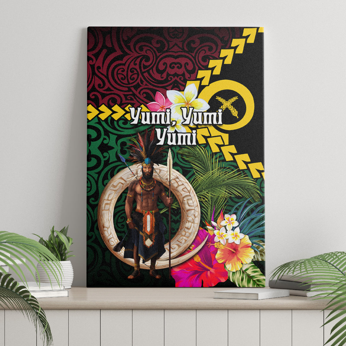 Vanuatu Indipendens Dei Canvas Wall Art Boars Tusk and Melanesian Warrior Hibiscus