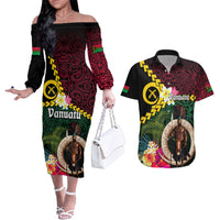 Vanuatu Indipendens Dei Couples Matching Off The Shoulder Long Sleeve Dress and Hawaiian Shirt Boars Tusk and Melanesian Warrior Hibiscus