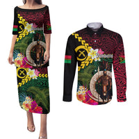 Vanuatu Indipendens Dei Couples Matching Puletasi and Long Sleeve Button Shirt Boars Tusk and Melanesian Warrior Hibiscus