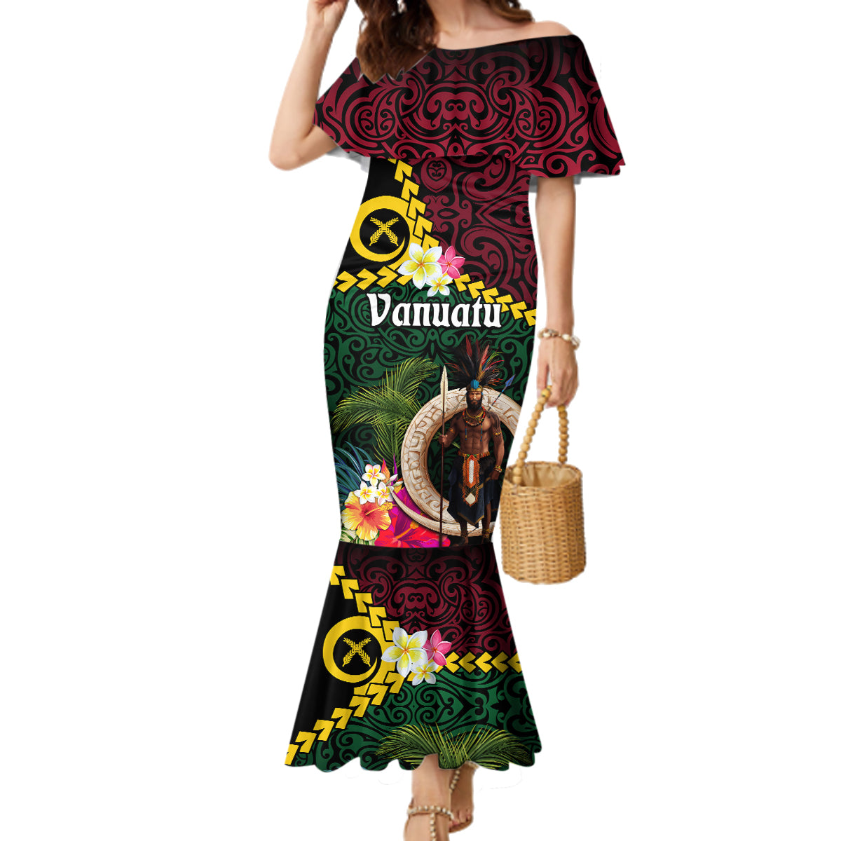 Vanuatu Indipendens Dei Family Matching Mermaid Dress and Hawaiian Shirt Boars Tusk and Melanesian Warrior Hibiscus