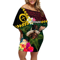 Vanuatu Indipendens Dei Family Matching Off Shoulder Short Dress and Hawaiian Shirt Boars Tusk and Melanesian Warrior Hibiscus