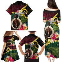 Vanuatu Indipendens Dei Family Matching Puletasi and Hawaiian Shirt Boars Tusk and Melanesian Warrior Hibiscus