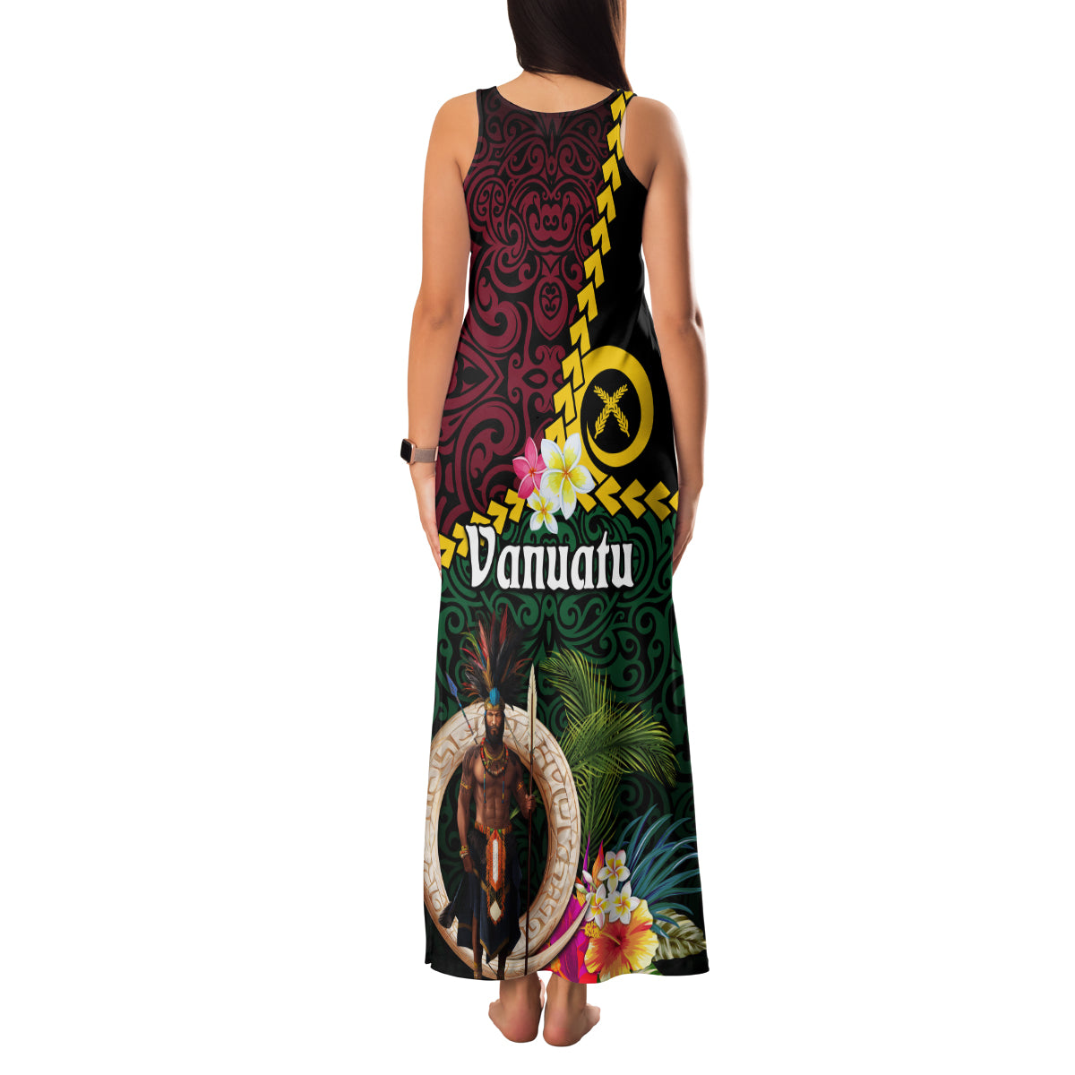 Vanuatu Indipendens Dei Family Matching Tank Maxi Dress and Hawaiian Shirt Boars Tusk and Melanesian Warrior Hibiscus