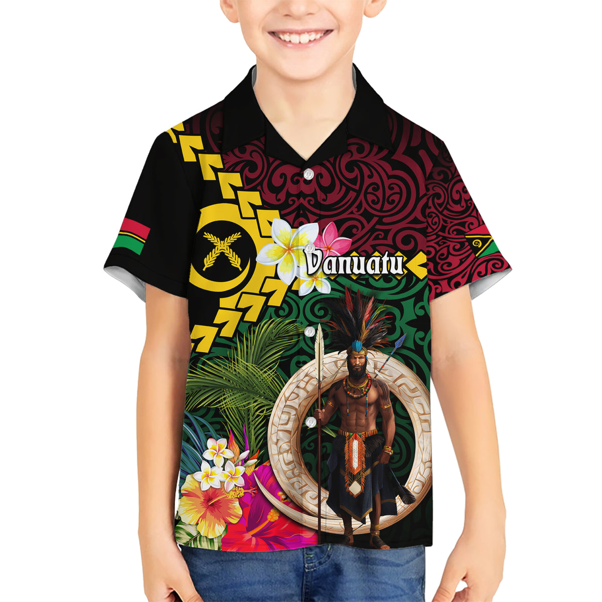 Vanuatu Indipendens Dei Hawaiian Shirt Boars Tusk and Melanesian Warrior Hibiscus