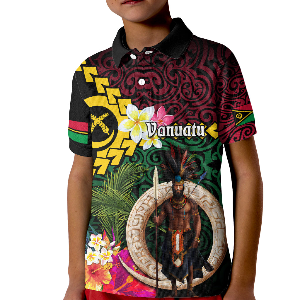 Vanuatu Indipendens Dei Kid Polo Shirt Boars Tusk and Melanesian Warrior Hibiscus