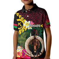 Vanuatu Indipendens Dei Kid Polo Shirt Boars Tusk and Melanesian Warrior Hibiscus