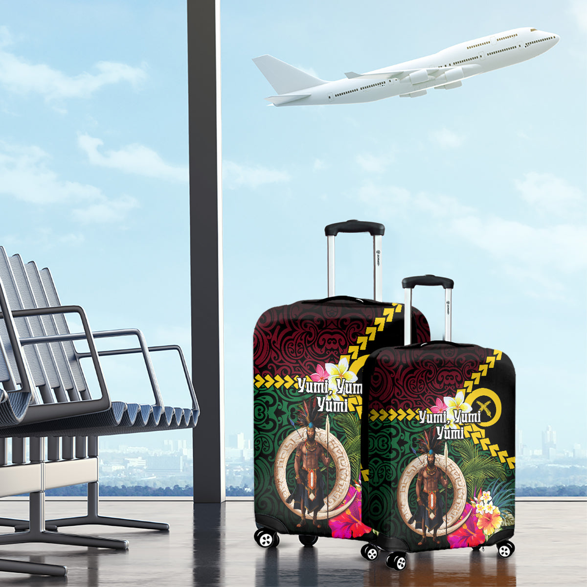 Vanuatu Indipendens Dei Luggage Cover Boars Tusk and Melanesian Warrior Hibiscus