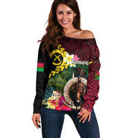 Vanuatu Indipendens Dei Off Shoulder Sweater Boars Tusk and Melanesian Warrior Hibiscus LT03 Women Black - Polynesian Pride