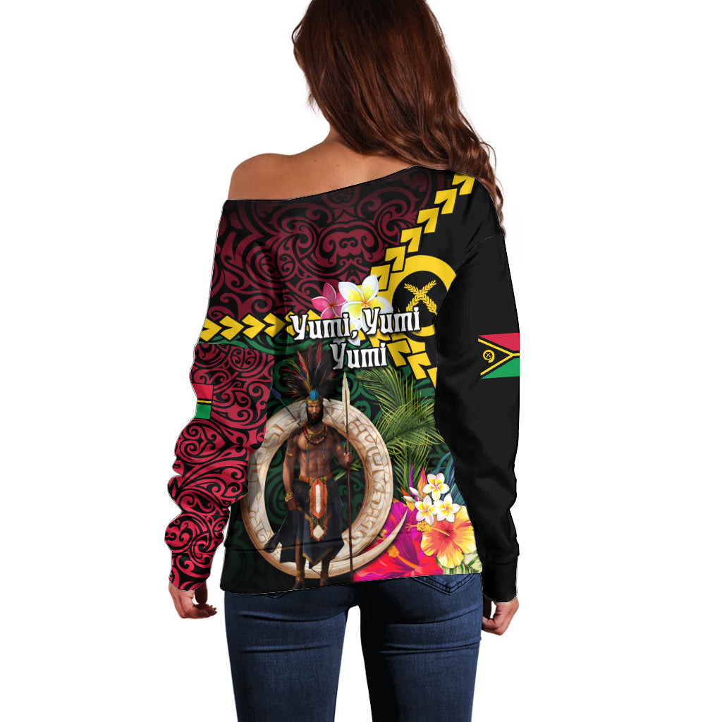 Vanuatu Indipendens Dei Off Shoulder Sweater Boars Tusk and Melanesian Warrior Hibiscus LT03 - Polynesian Pride
