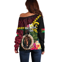 Vanuatu Indipendens Dei Off Shoulder Sweater Boars Tusk and Melanesian Warrior Hibiscus LT03 - Polynesian Pride