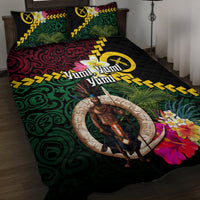 Vanuatu Indipendens Dei Quilt Bed Set Boars Tusk and Melanesian Warrior Hibiscus LT03 Black - Polynesian Pride